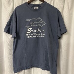 Seavey's Iditarod Racing Team Alaska Dog Race Tee Blue Mens Size Large
